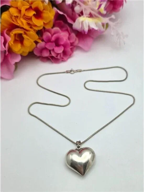 Vintage 925 Italy Sterling Silver Puffy Heart Pendant Necklace Snake Chain 17” - Picture 8 of 9